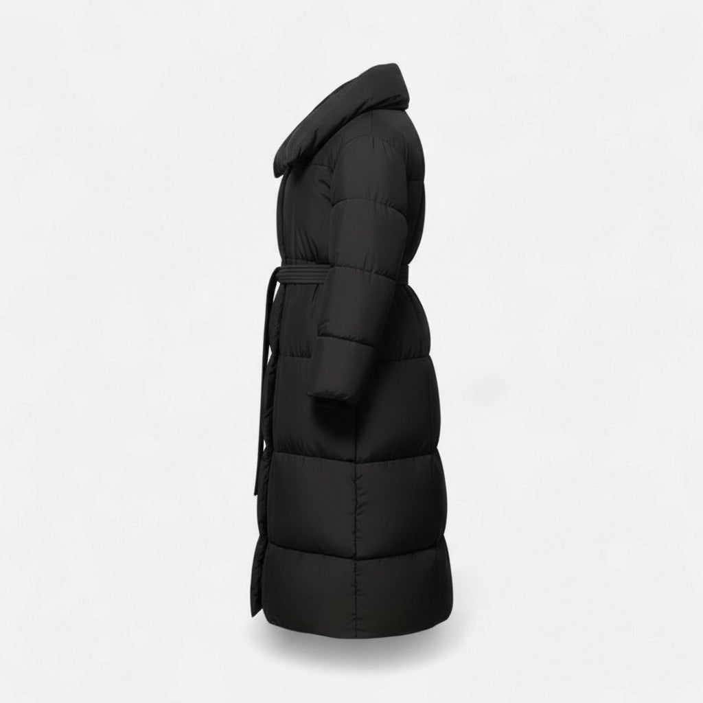 Damen Langer Steppmantel mit Gürtel Winterjacke – Seitenansicht